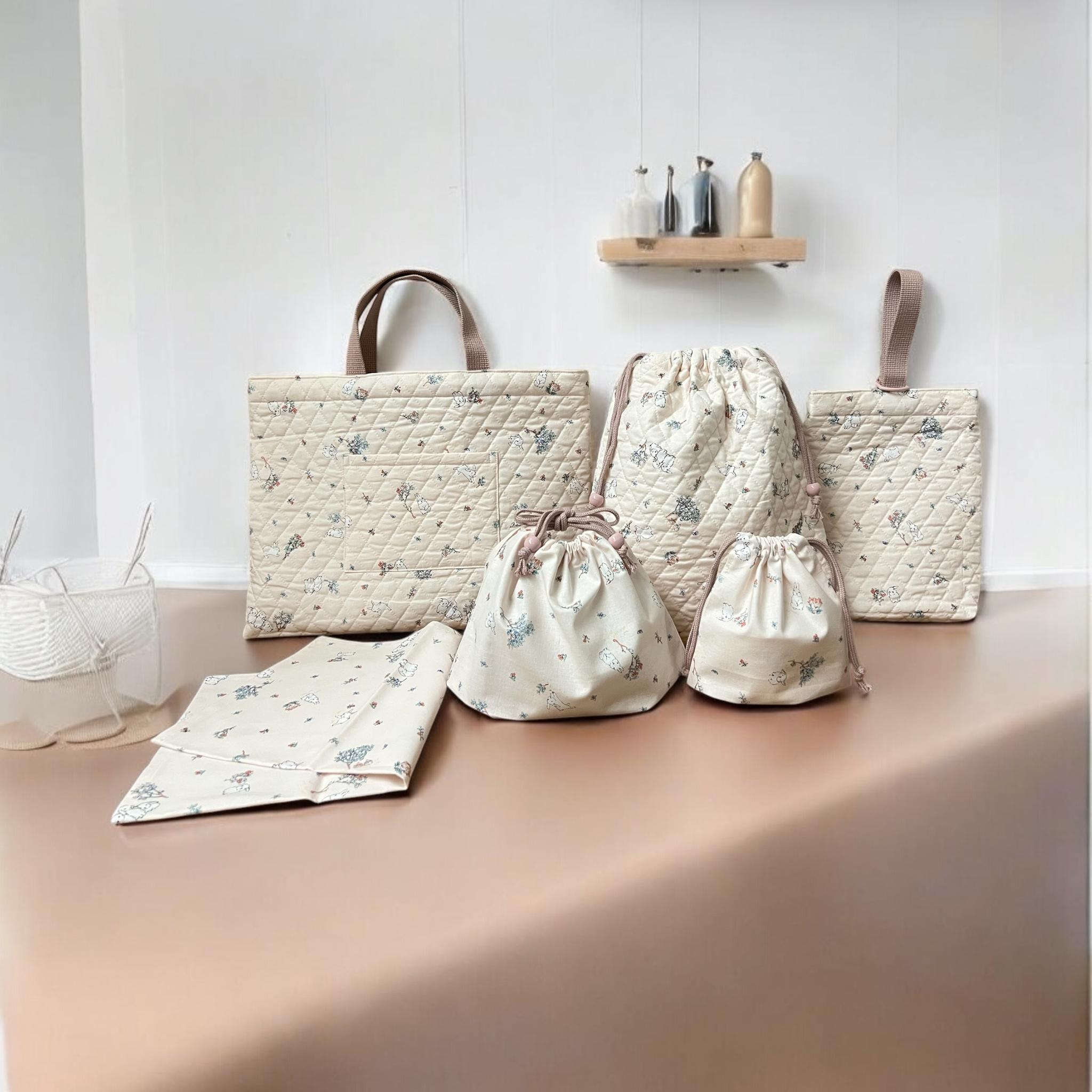 【入園入学6点セット】犬とうさぎ柄/キルト生地/ピンクベージュ/シンプル/入園入学準備/♡