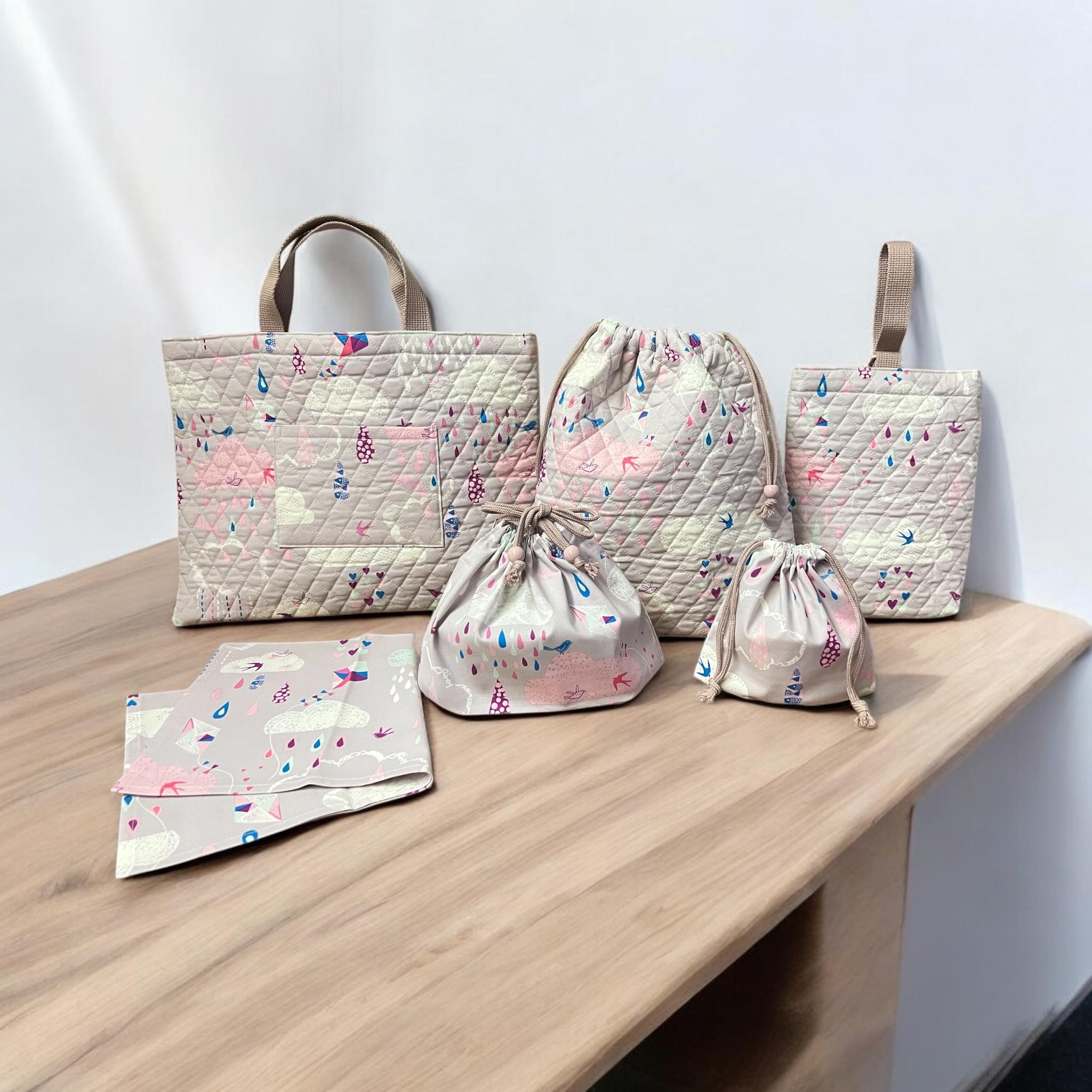 【入園入学6点セット】クラウド柄/キルト生地/紫ピンク/シンプル/入園入学準備/♡