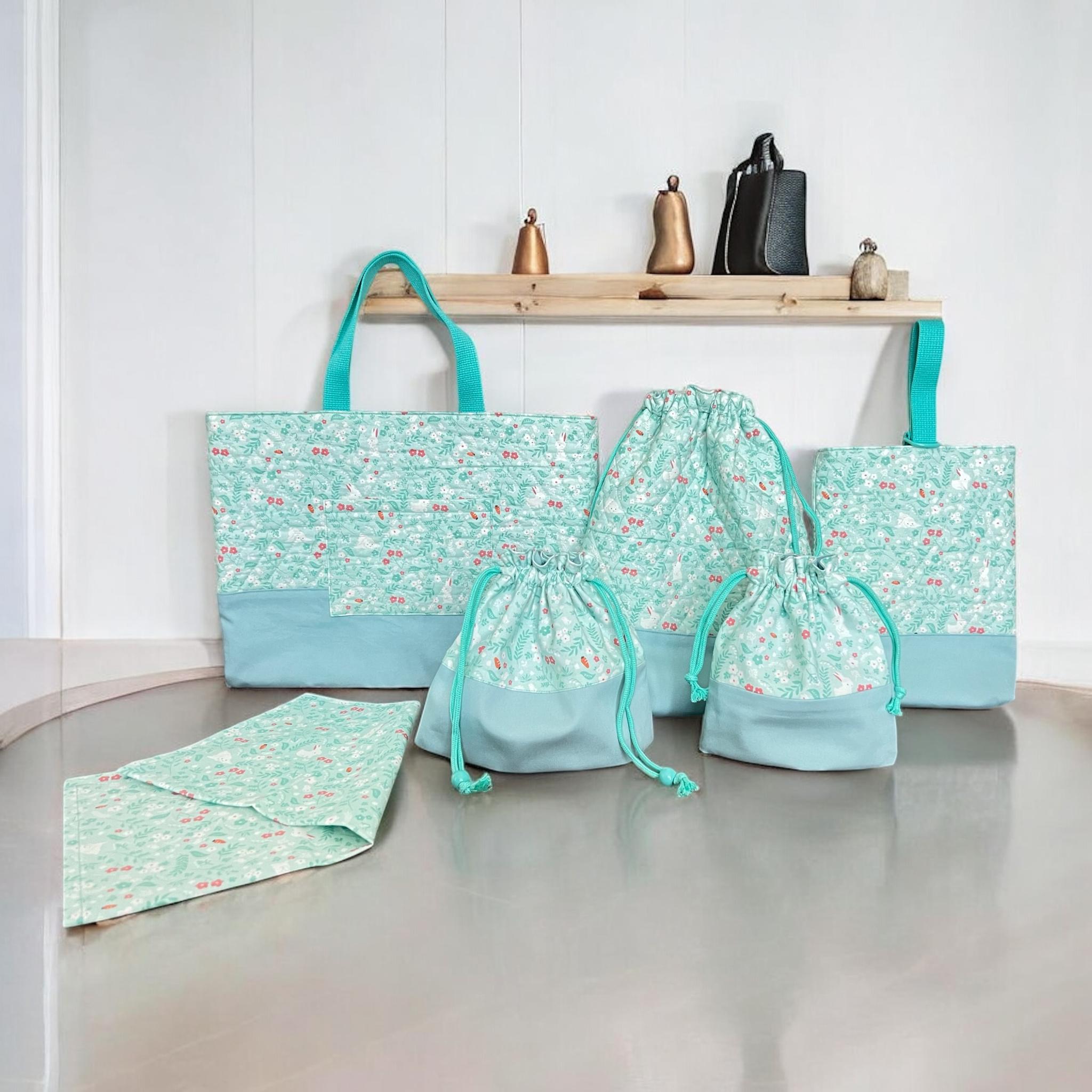 【入園入学6点セット】うさぎ柄/キルト生地/ミントブルー/シンプル/巾着フリル/入園入学準備/♡