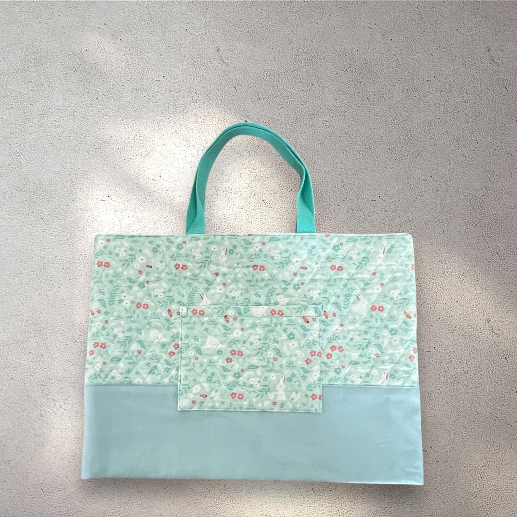 【入園入学6点セット】うさぎ柄/キルト生地/ミントブルー/シンプル/巾着フリル/入園入学準備/♡ | 2枚目